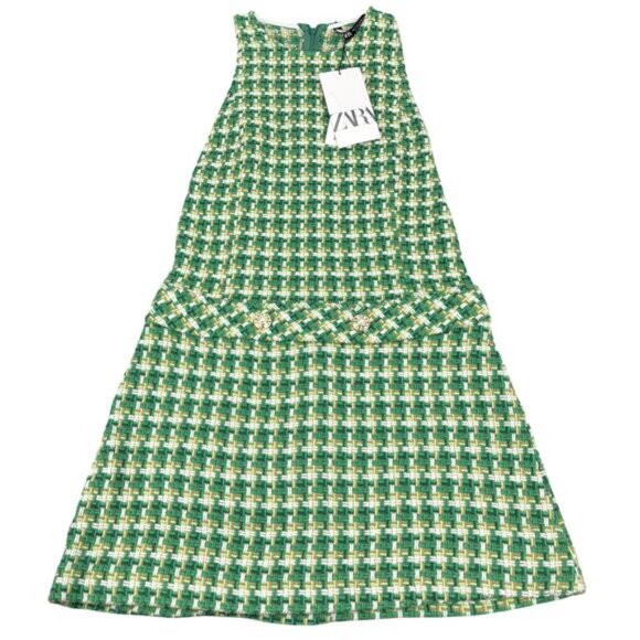 Zara Tweed Pinafore Mini Dress Green Size Small - Picture 5 of 8